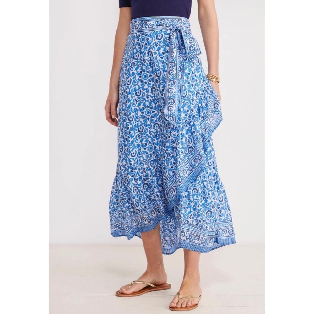 Vineyard Vines Blue Katama Tile Maxi Skirt lined ruffled size L 100% Cotton